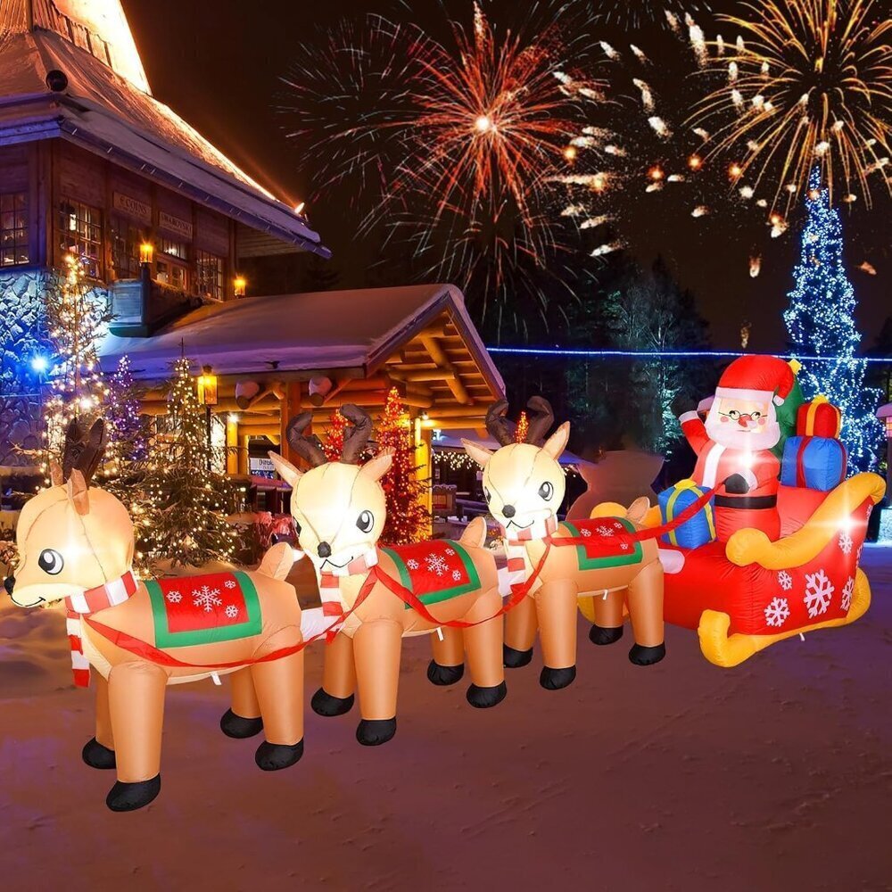 Inflatable Santa Sleigh 12ft with 3 Reindeer Outdoor Christmas